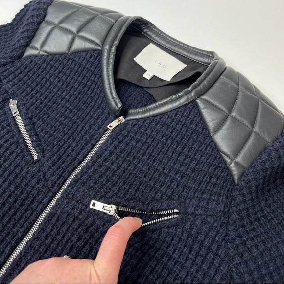 IRO Ceylona Navy Blue Waffle Pattern Knit Black Quilted Leather Edgy Zip Blazer - Picture 5 of 15